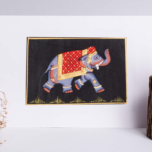 黒の背景にインドの手描きの絹の絵-象 絵画 Tramper 通販 12291170