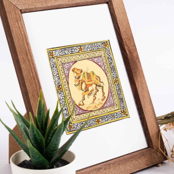 印度手繪絲綢畫 黃底 － 駱駝 第2張的照片