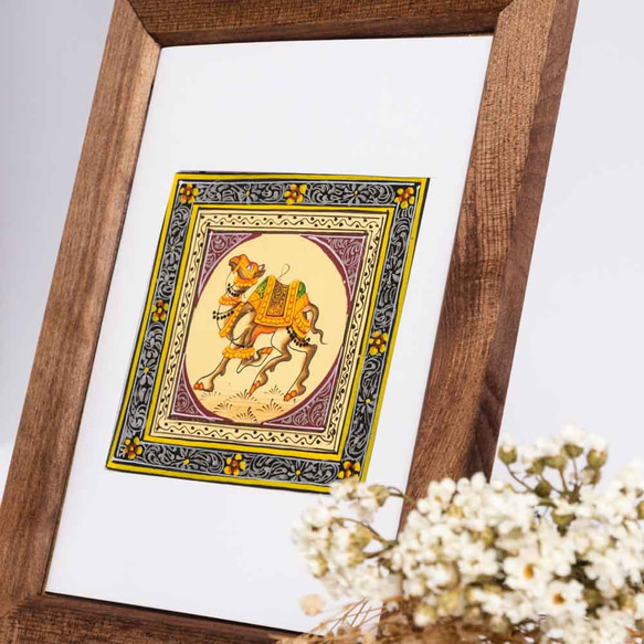印度手繪絲綢畫 黃底 － 駱駝 第4張的照片