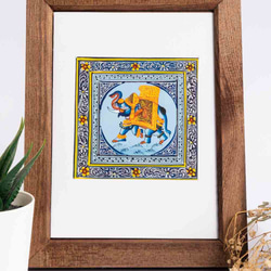青い背景にインドの手描きの絹の絵-象 3枚目の画像