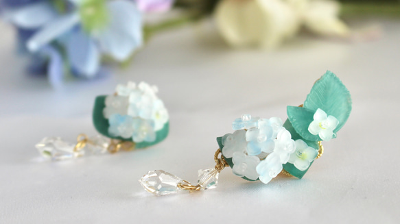 淡藍色繡球花耳夾 第2張的照片