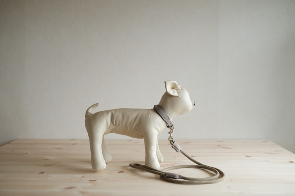 ライトグレーの牛革を使った小型犬用の首輪とリードのセット 1枚目の画像