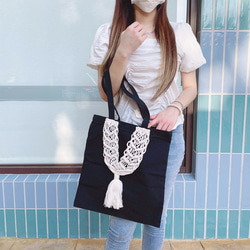 Macrame帆布包【Macrame Tote Bag Canvas】黑色拉鍊款 第2張的照片