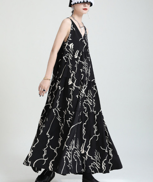 デザインセンス抽象的なラインの花のサスペンダースカート夏の新しいスタイル大Aラインミドルドレス 2枚目の画像