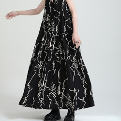デザインセンス抽象的なラインの花のサスペンダースカート夏の新しいスタイル大Aラインミドルドレス 3枚目の画像