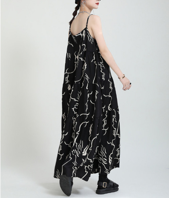デザインセンス抽象的なラインの花のサスペンダースカート夏の新しいスタイル大Aラインミドルドレス 4枚目の画像