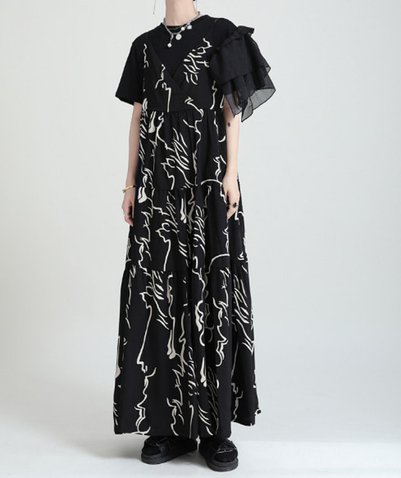 デザインセンス抽象的なラインの花のサスペンダースカート夏の新しいスタイル大Aラインミドルドレス 5枚目の画像