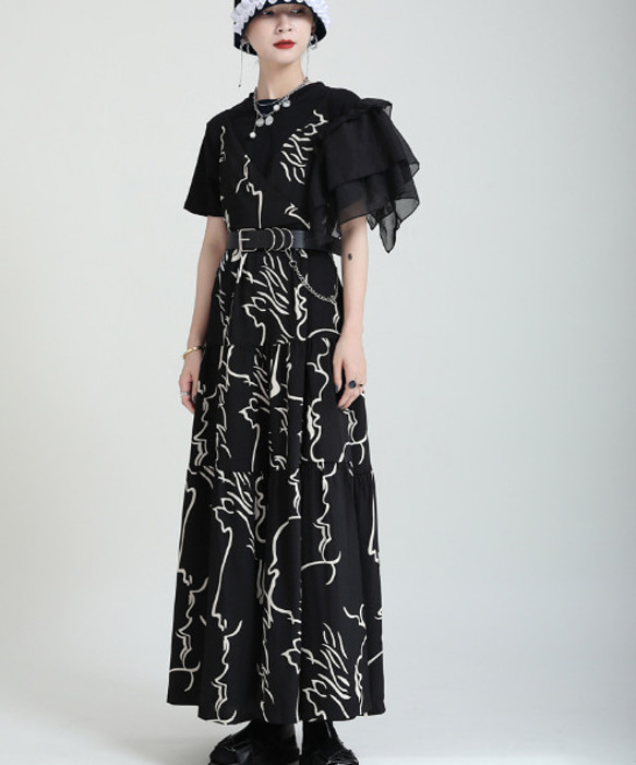 デザインセンス抽象的なラインの花のサスペンダースカート夏の新しいスタイル大Aラインミドルドレス 6枚目の画像
