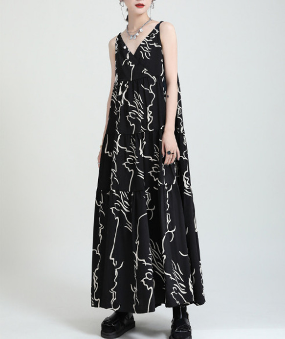 デザインセンス抽象的なラインの花のサスペンダースカート夏の新しいスタイル大Aラインミドルドレス 9枚目の画像