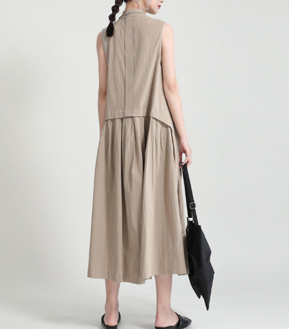 夏の新作女性デザインセンスフェイクツーピースベストスカート、スリム＆スリムクメールリネンロングノースリーブワンピース 8枚目の画像