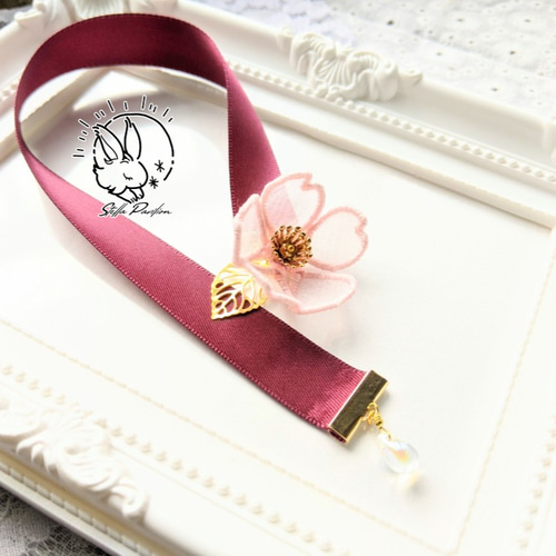 桜のリボンブックマーカー オーガンジー刺繍 しおり ブックマーク 誕生