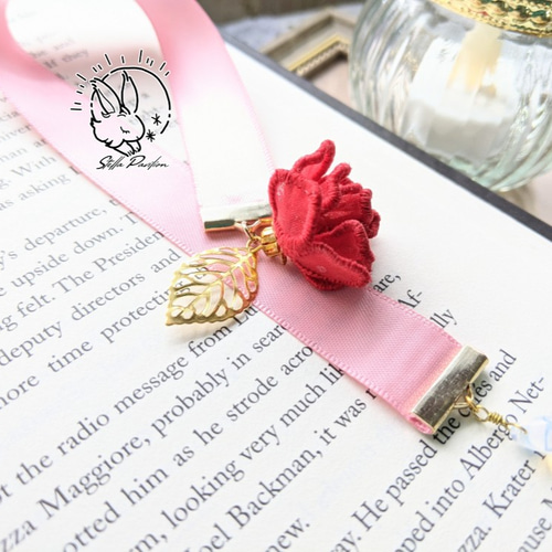 薔薇のリボンブックマーカー オーガンジー刺繍 しおり 誕生花 誕生石 6