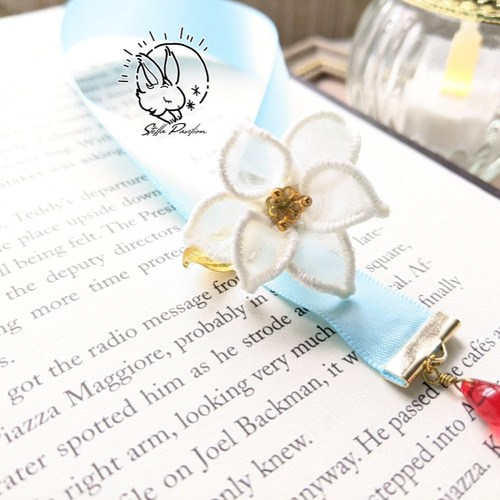 百合のリボンブックマーカー オーガンジー刺繍 しおり 誕生花 誕生石 7