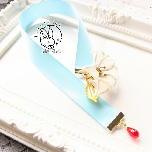 百合のリボンブックマーカー オーガンジー刺繍 しおり 誕生花 誕生石 7