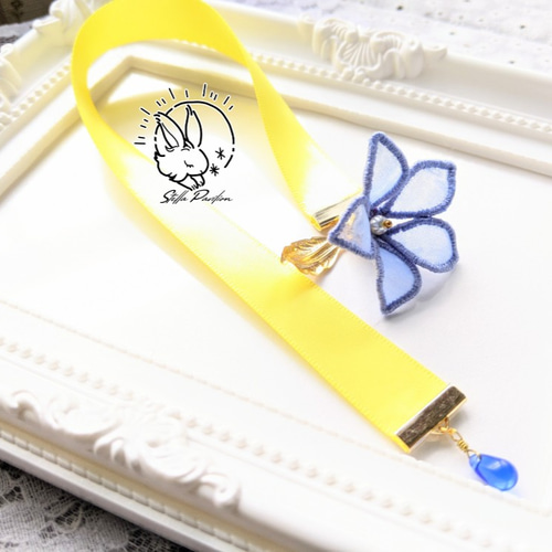 リンドウのリボンブックマーカー オーガンジー刺繍 しおり 誕生花