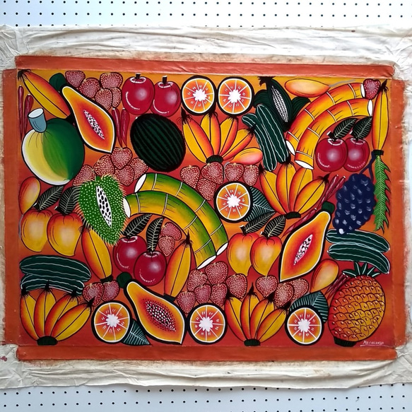 アフリカ絵画 『 Fruits 』ティンガティンガ by Mr. Chilambo 58*80㎝ 2枚目の画像