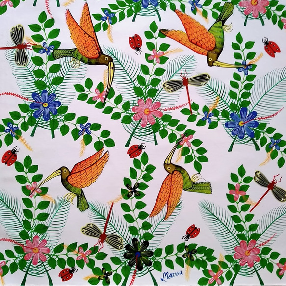 アフリカ絵画 『 Birds and flowers 』ティンガティンガ by Majidu 58*80cm 1枚目の画像