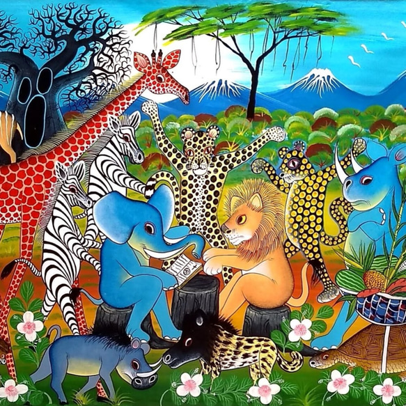 アフリカ絵画『 Giraffs & flowers 2 』ティンガティンガ by