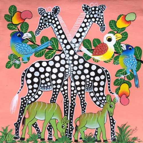 アフリカアート キリン【画家 サイン入り】(3) アフリカアート キリン