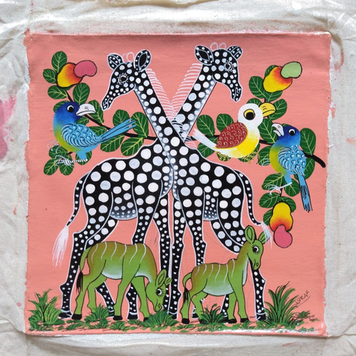 アフリカ絵画『 Twiga and cashews in pink 』ティンガティンガ