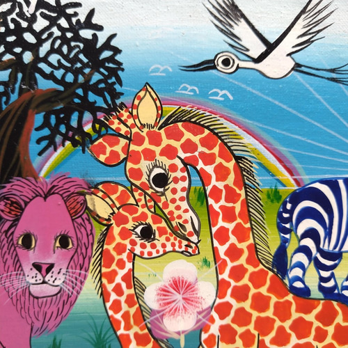 アフリカ絵画『 Giraffs & flowers 2 』ティンガティンガ by