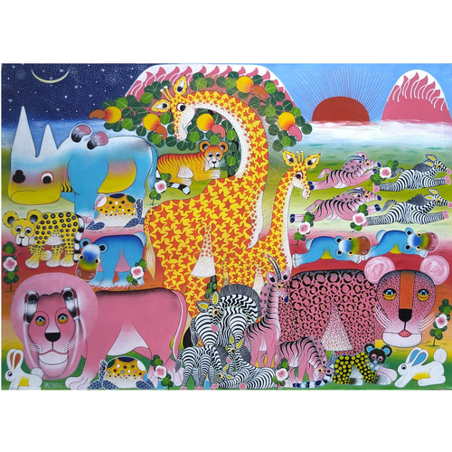 アフリカ絵画ティンガティンガ アフリカ絵画 『 Animals meeting 』ティンガティンガ by Mabusa