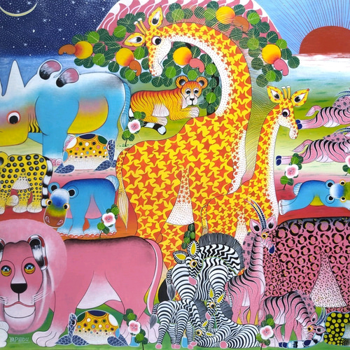 アフリカ絵画『 Animal's Day & Night 』ティンガティンガ by