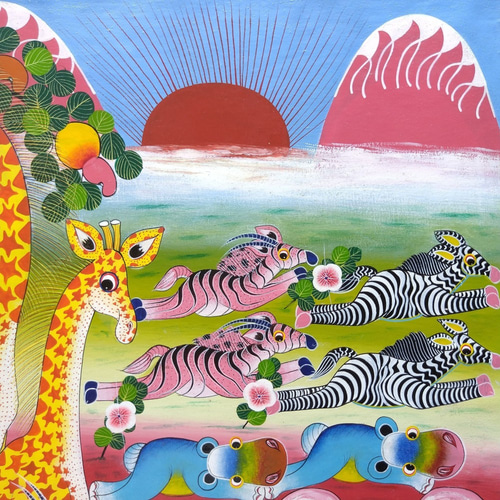 アフリカ絵画『 Animal's Day & Night 』ティンガティンガ by