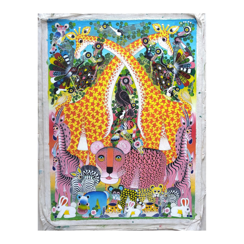 アフリカ絵画『 Leopard and animals 』ティンガティンガ by