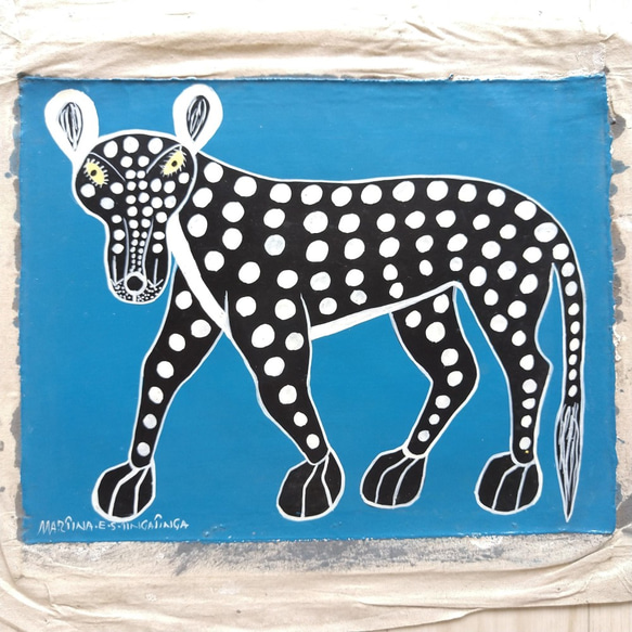 アフリカ絵画『 Cheetah in blue 』 ティンガティンガ by Martina.E.S.Tingatinga 5枚目の画像