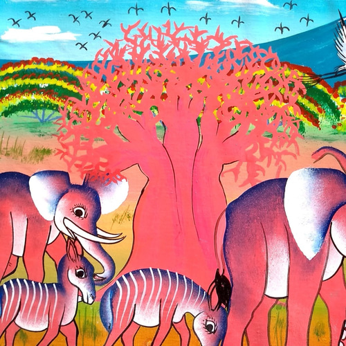 アフリカ絵画 『 Pink baobab and animals 』ティンガティンガ by