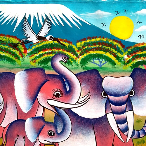 アフリカ絵画 『 Pink baobab and animals 』ティンガティンガ