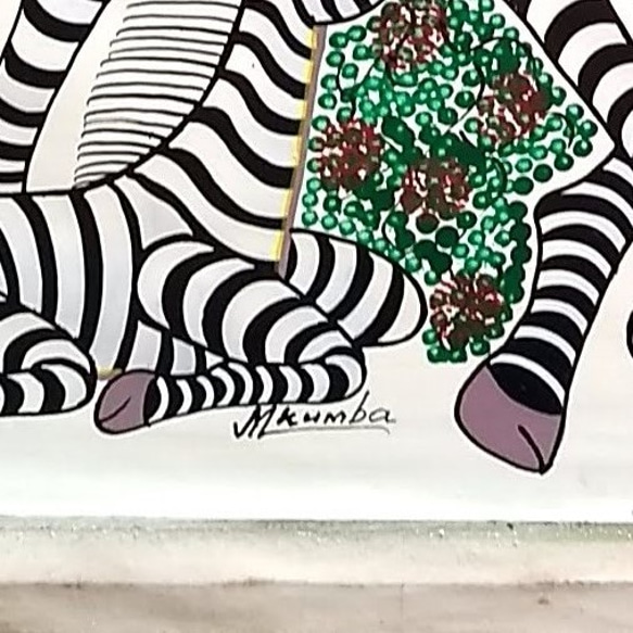 アフリカ絵画 『 Zebra mama and babies 』ティンガティンガ by Mkumba 60*60cm 4枚目の画像