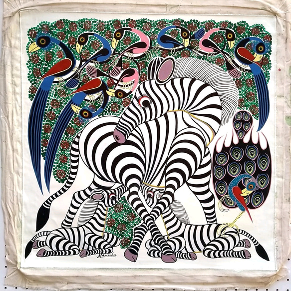 アフリカ絵画 『 Zebra mama and babies 』ティンガティンガ by Mkumba 60*60cm 5枚目の画像