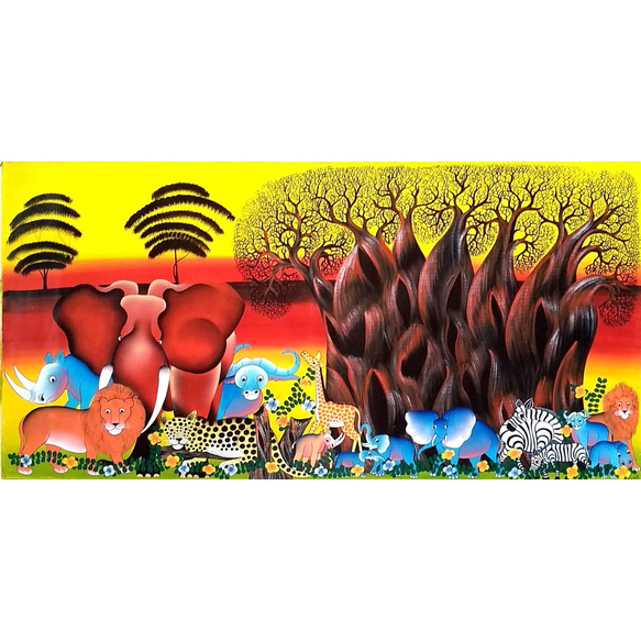 ティンガティンガ　Adams　サバンナの動物たち Adams 作　アフリカ絵画 ☆50%off☆ アフリカ絵画『 Big 5＆ Animals 』ティンガティンガ