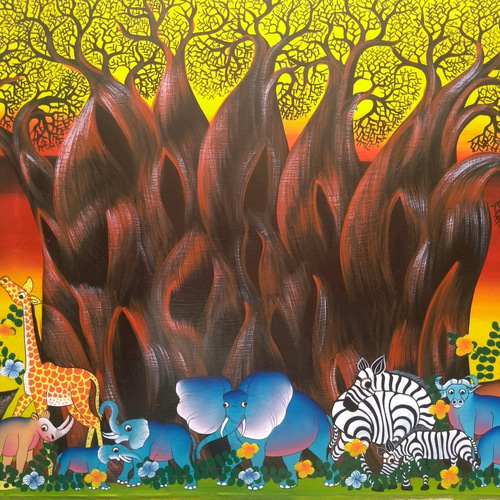 ティンガティンガ　Adams　サバンナの動物たち Adams 作　アフリカ絵画 ☆50%off☆ アフリカ絵画『 Big 5＆ Animals 』ティンガティンガ