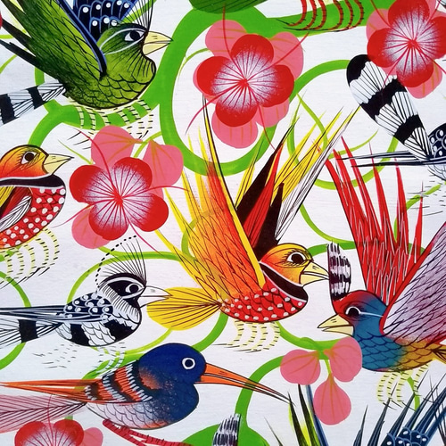 アフリカ絵画『 Birds ＆ Flowers in white 』ティンガティンガ