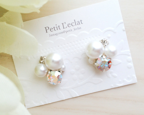 Silver◇ホワイトpearl×オーロラビジューピアス/イヤリング