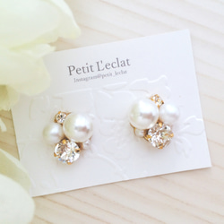 クリスタルLeaf×ホワイトコットンpearlビジューピアス/イヤリング