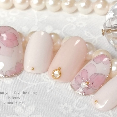 No.158 ｸﾗｼｯｸﾋﾟﾝｸのﾌﾗﾜｰﾈｲﾙ(ﾜﾝｶﾗｰver.) ネイルチップ（つけ爪） kuma  