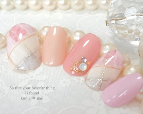 No.167 ふんわり斜めﾁｪｯｸﾈｲﾙ♪(ピンクver.) ネイルチップ（つけ爪