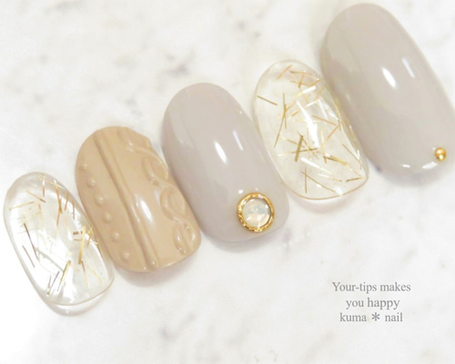 No.206 ぷっくりニットネイル×クリアMix ネイルチップ（つけ爪） kuma