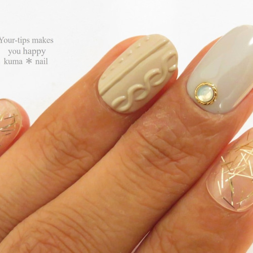 No.206 ぷっくりニットネイル×クリアMix ネイルチップ（つけ爪） kuma