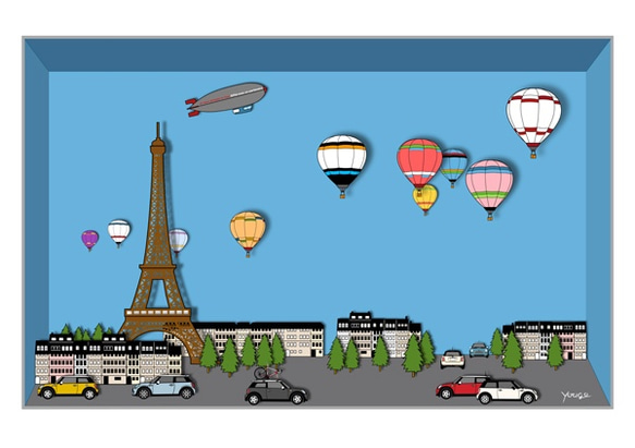 BMW MINI ミニクーパー アートイラスト ポスター PARIS　A4サイズ 1枚目の画像