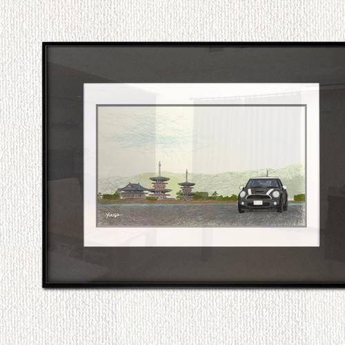 BMW MINI ミニクーパー アート絵画 ポスター 薬師寺 A4サイズ 額