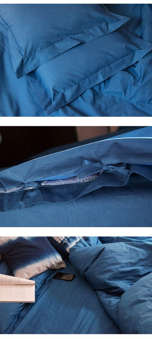 【染め】ブルー染めコットンサテンベッド4枚セット植物染グラスウッド染家テキスタイル枕カバーシートセットカスタム 3枚目の画像