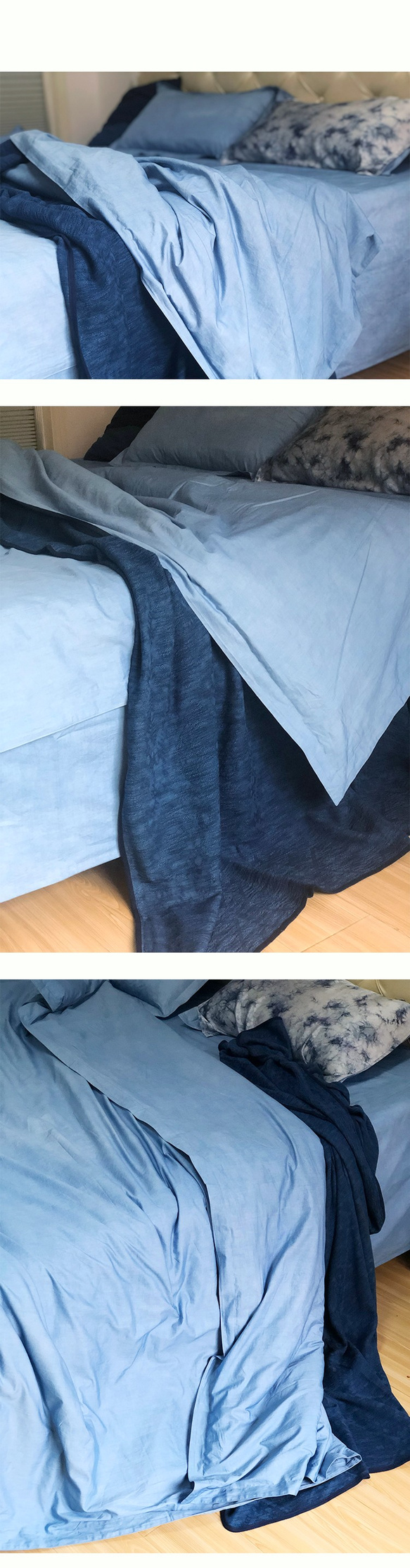 【染め】ブルー染めコットンサテンベッド4枚セット植物染グラスウッド染家テキスタイル枕カバーシートセットカスタム 4枚目の画像