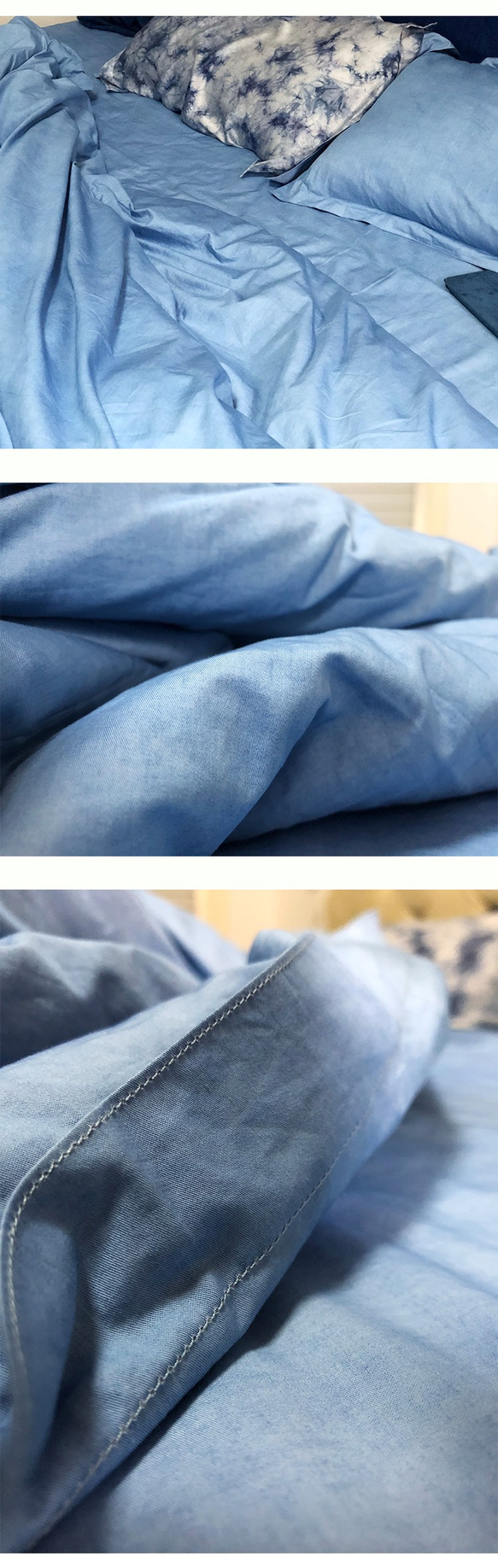 【染め】ブルー染めコットンサテンベッド4枚セット植物染グラスウッド染家テキスタイル枕カバーシートセットカスタム 5枚目の画像