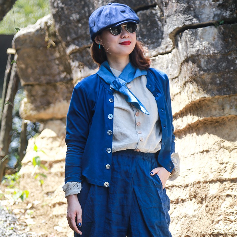 【染め】植物染めブルー染めインディゴ春秋オリジナルニットコットンオープン長袖レディースショートトップ