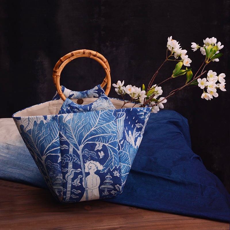 【染め】和服合うカバン手作り生地和風コットンとリネンプリント竹ジョイントリングハンドルアート小鞄